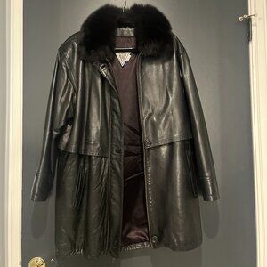 Vintage Marvin Richards Black Faux Leather Coat with Faux Fur Collar Size M